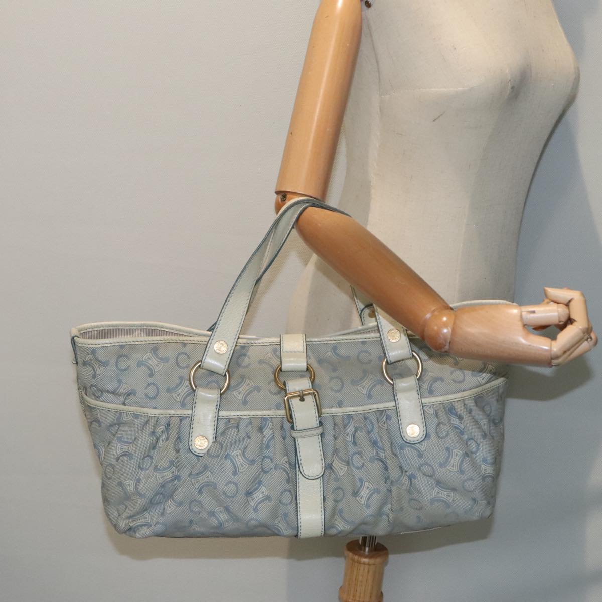 CELINE C Macadam Canvas Hand Bag Light Blue White gold Auth 90217