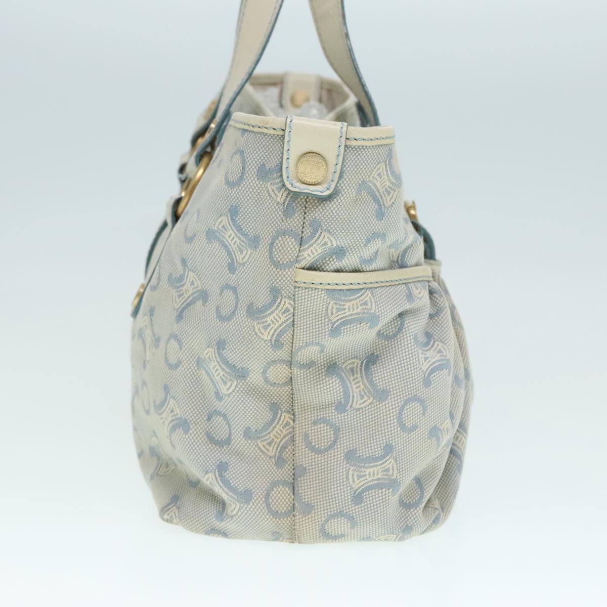 CELINE C Macadam Canvas Hand Bag Light Blue White gold Auth 90217