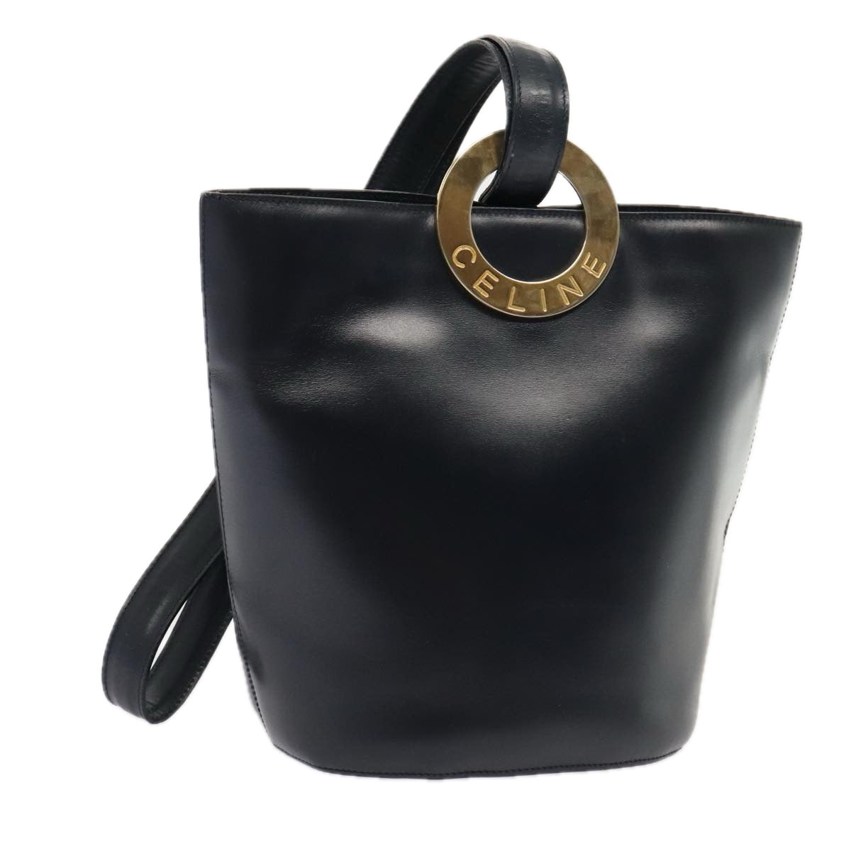 CELINE Shoulder Bag Leather Navy Gold Auth 90220