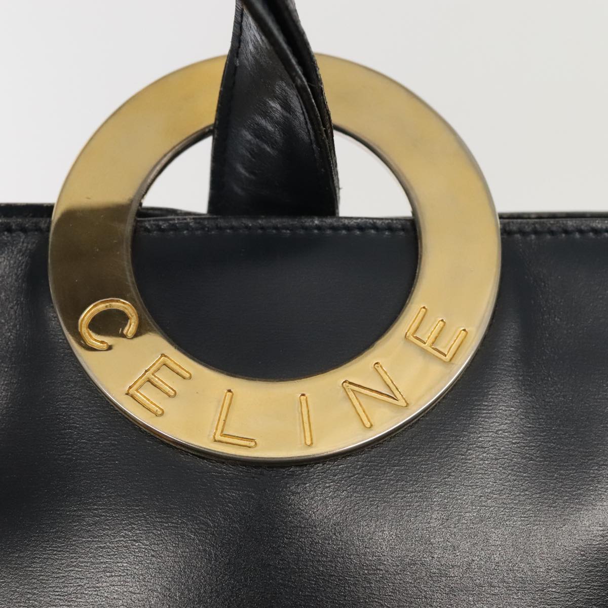 CELINE Shoulder Bag Leather Navy Gold Auth 90220