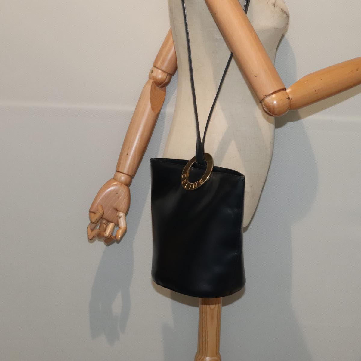 CELINE Shoulder Bag Leather Navy Gold Auth 90220