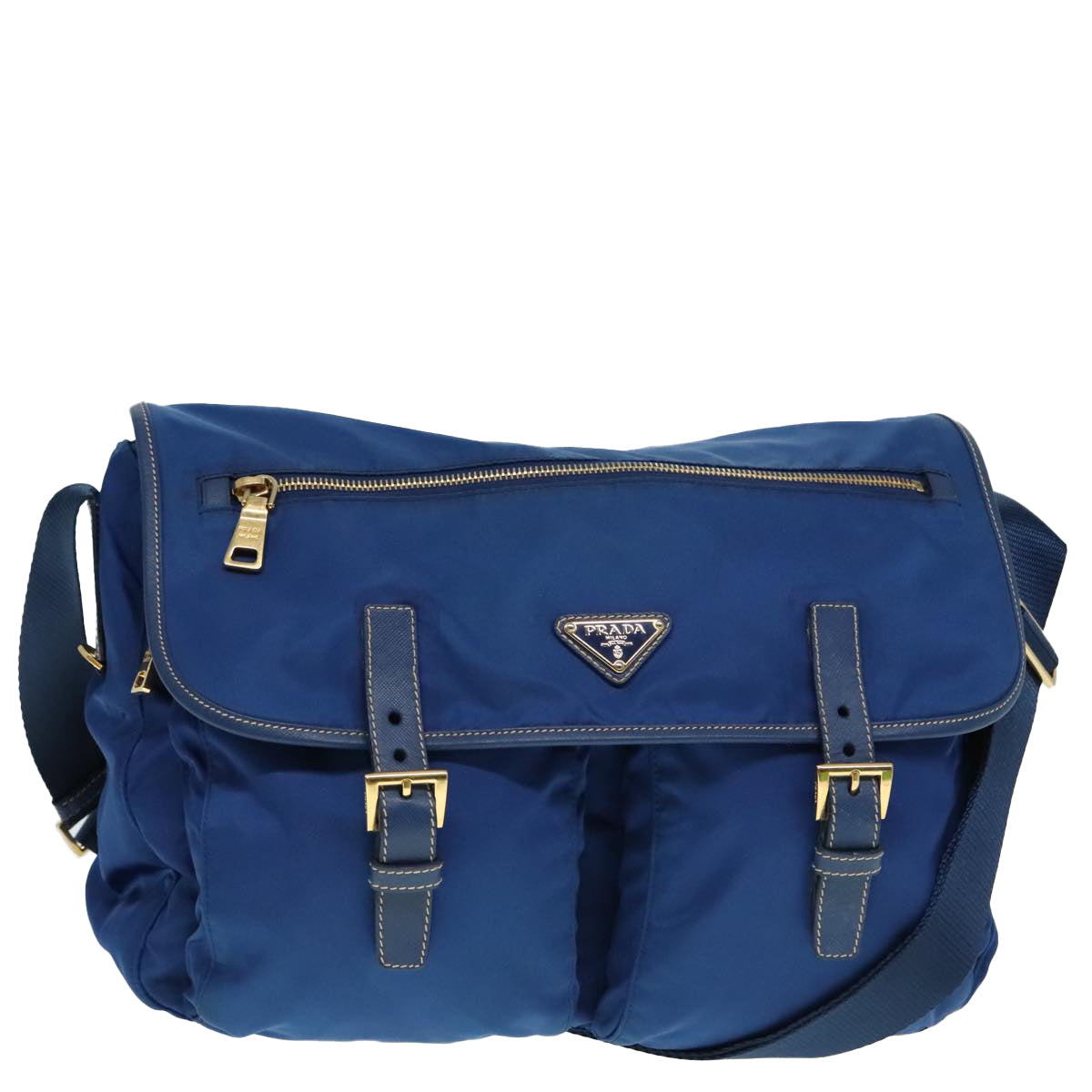 PRADA Shoulder Bag Nylon Blue Gold Auth 90221