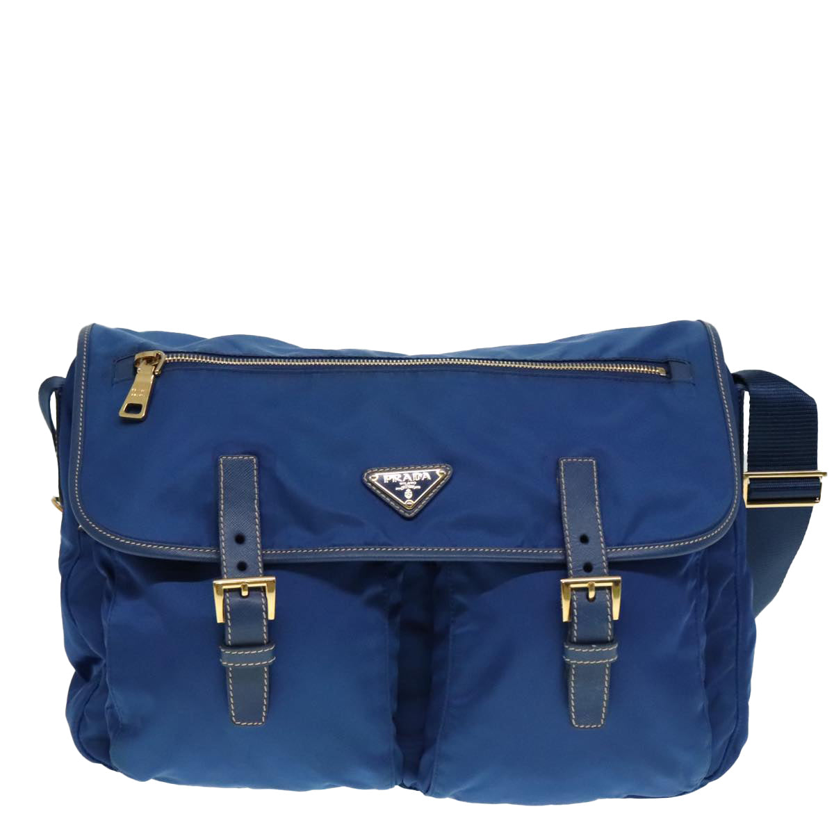 PRADA Shoulder Bag Nylon Blue Gold Auth 90221 - 0