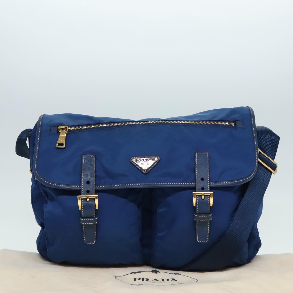 PRADA Shoulder Bag Nylon Blue Gold Auth 90221