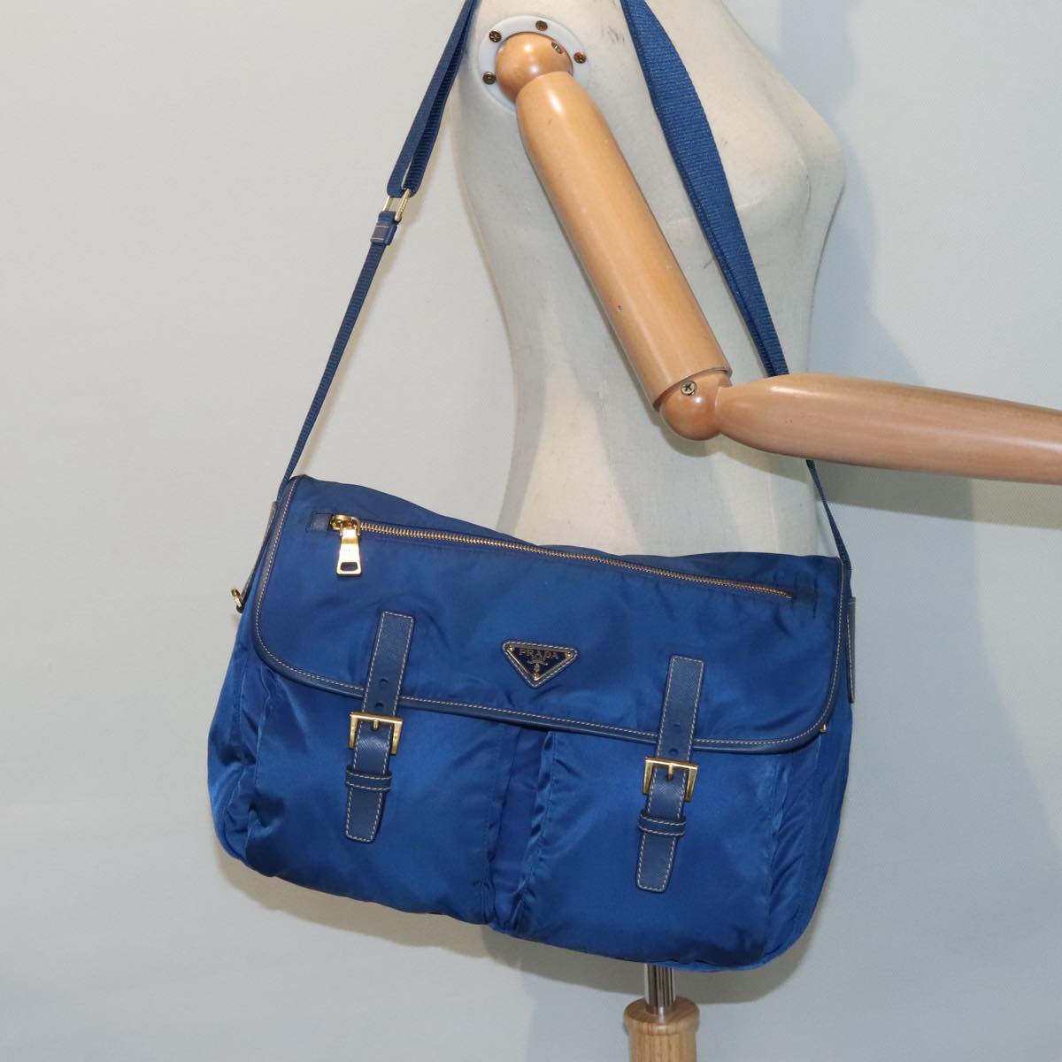 PRADA Shoulder Bag Nylon Blue Gold Auth 90221