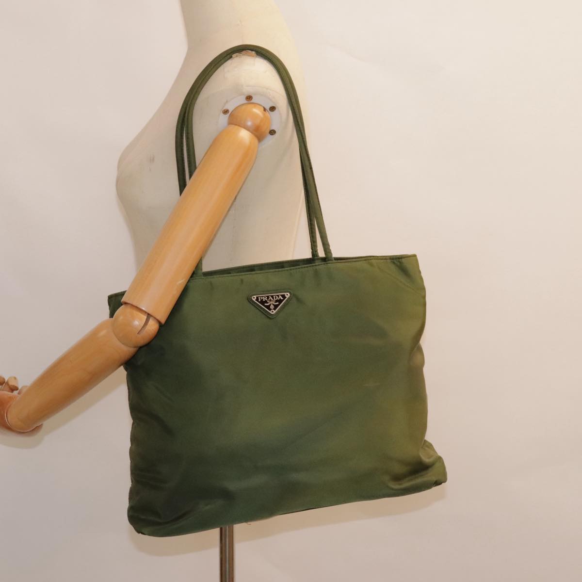 PRADA Tote Bag Nylon Green Silver Auth 90225