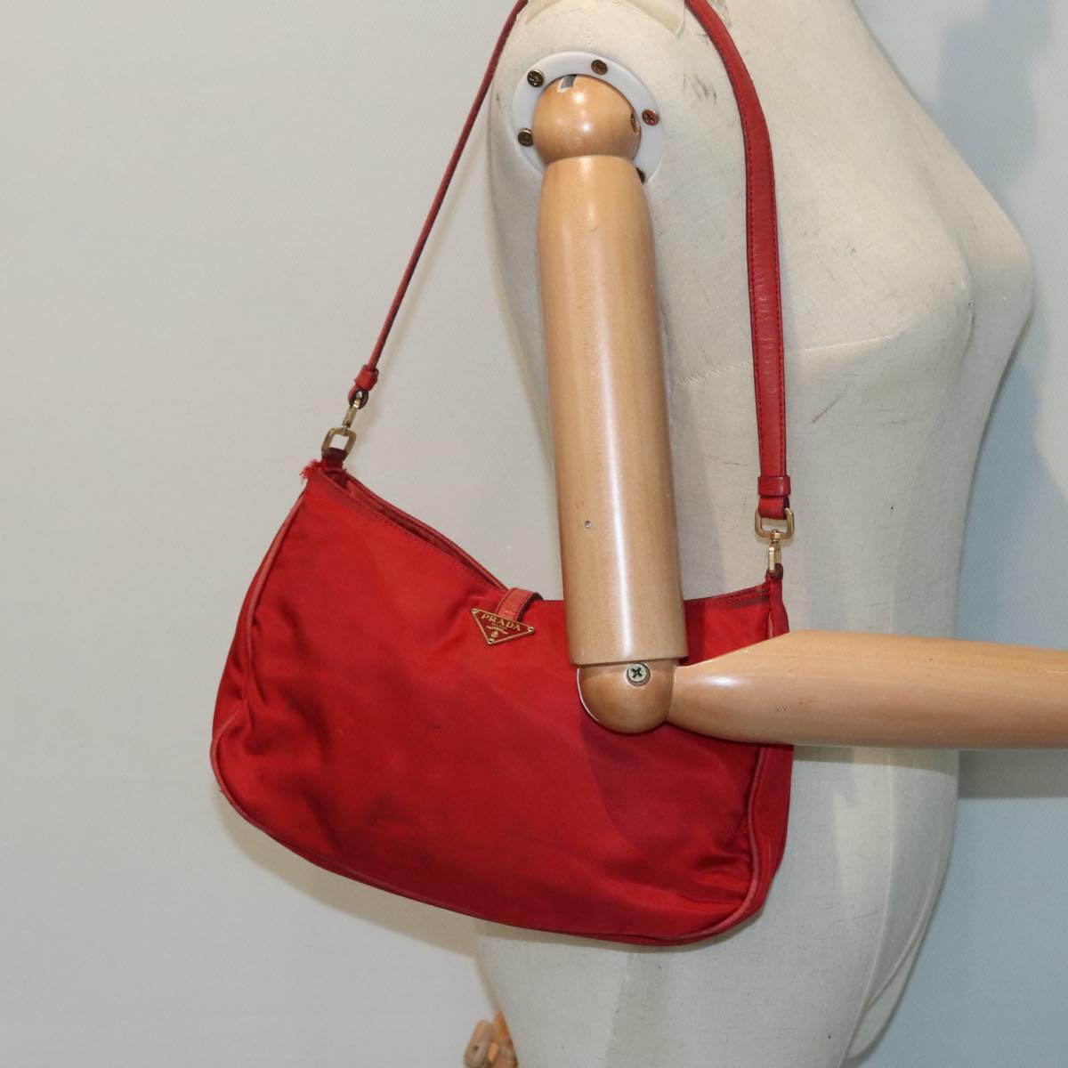 PRADA Shoulder Bag Nylon Red Gold Auth 90226