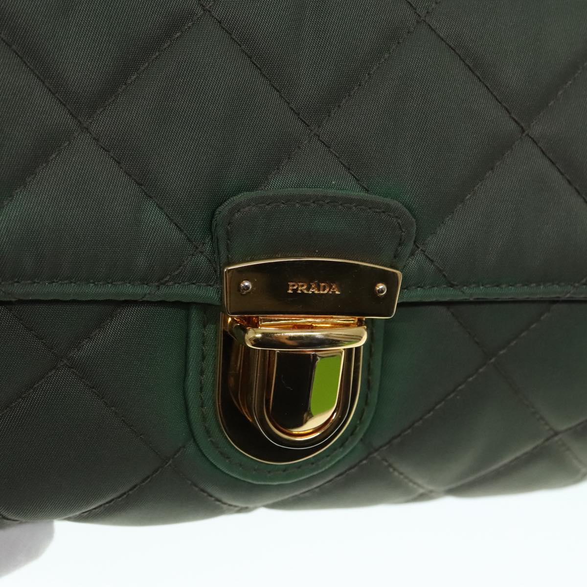 PRADA Chain Quilted Shoulder Bag Nylon Khaki Gold Auth 90227