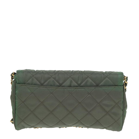 PRADA Chain Quilted Shoulder Bag Nylon Khaki Gold Auth 90227