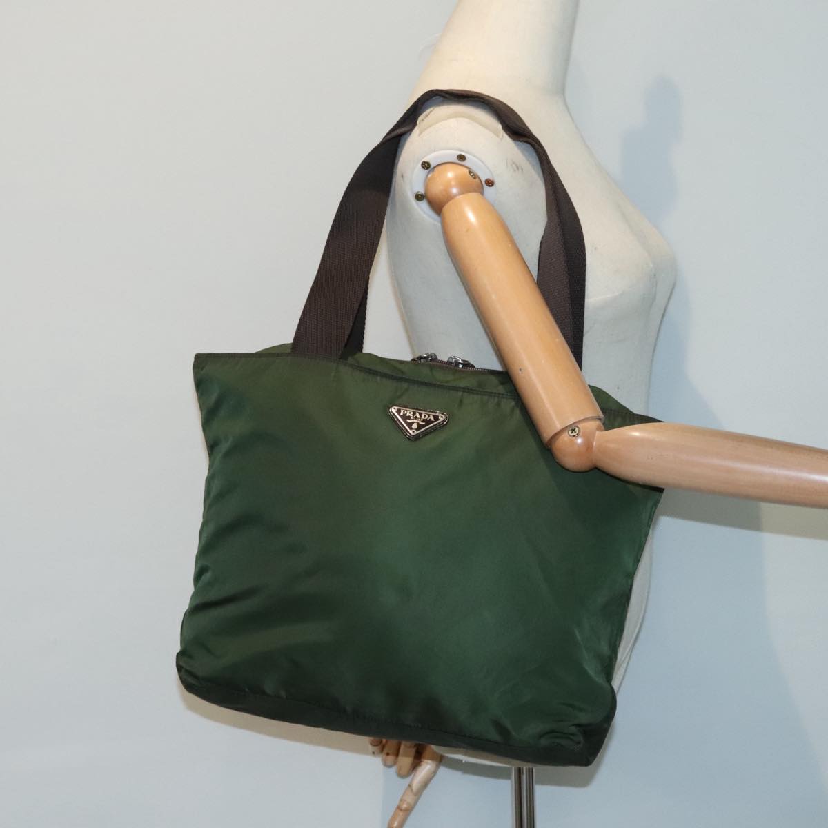 PRADA Tote Bag Nylon Green Silver Auth 90229