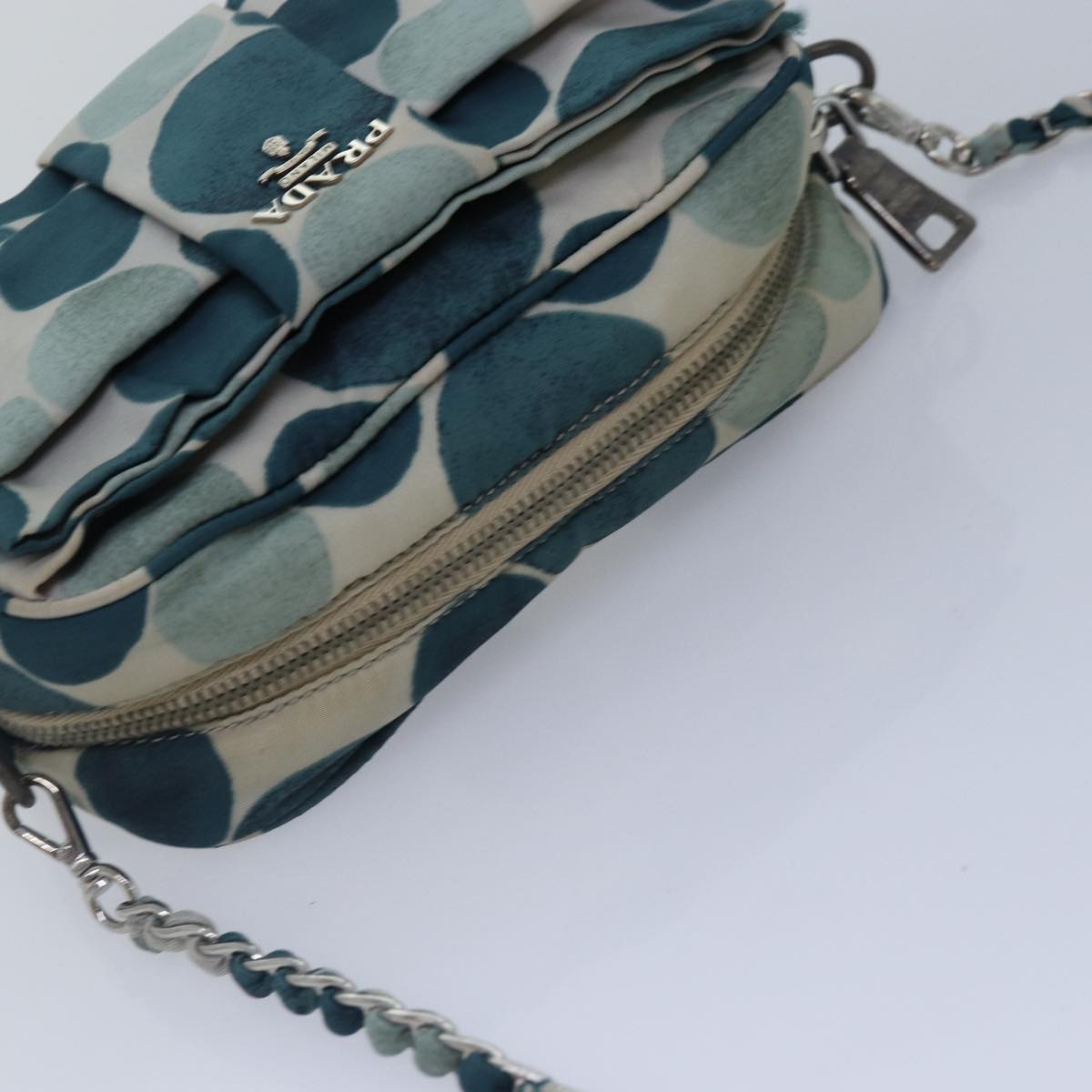 PRADA Chain Shoulder Bag Nylon Blue Silver Auth 90232