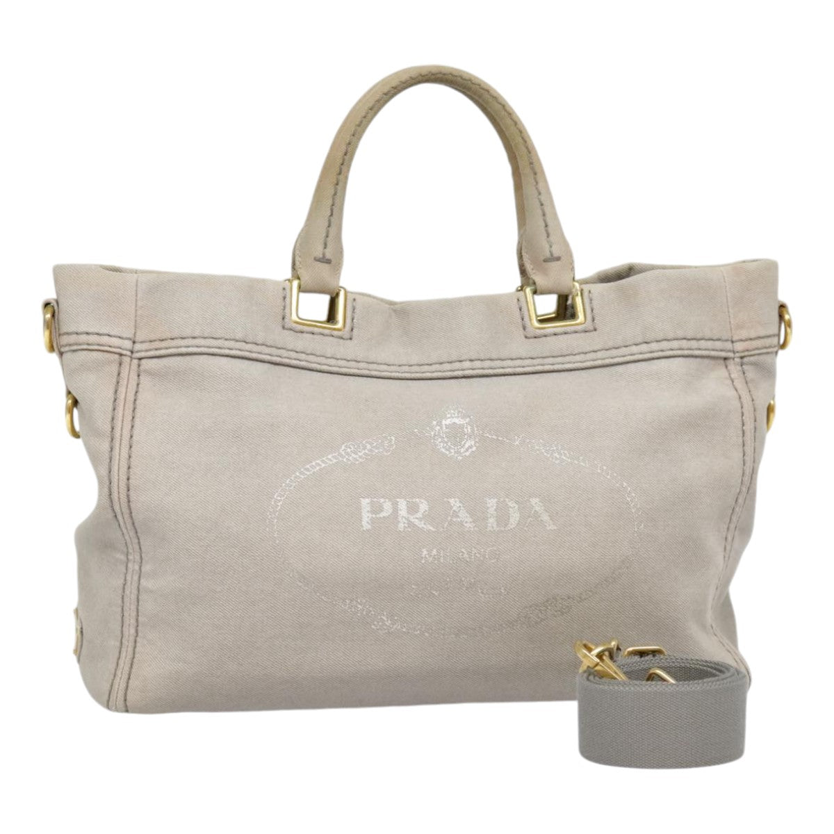 PRADA Hand Bag Denim 2way Gray Gold Auth 90233