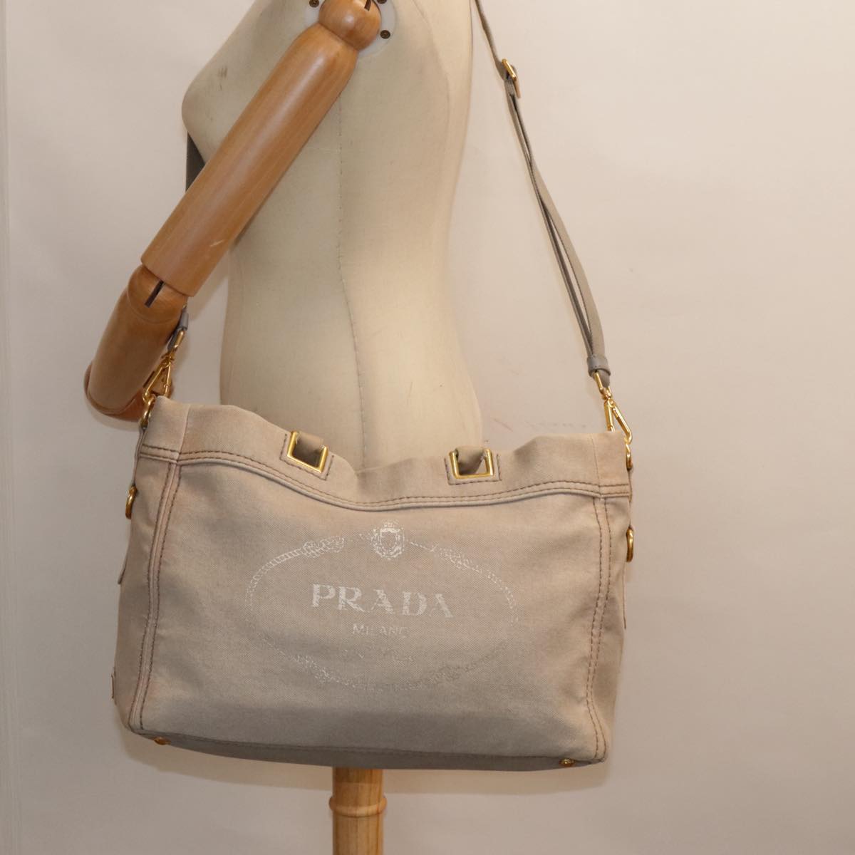 PRADA Hand Bag Denim 2way Gray Gold Auth 90233