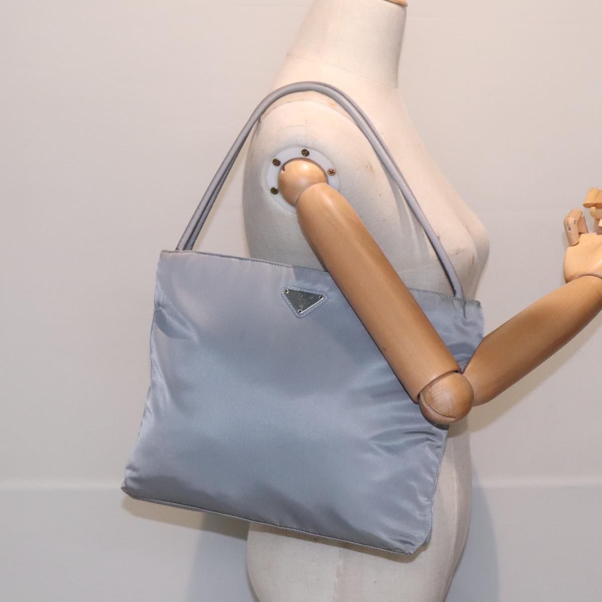 PRADA Tote Bag Nylon Light Blue Silver Auth 90235