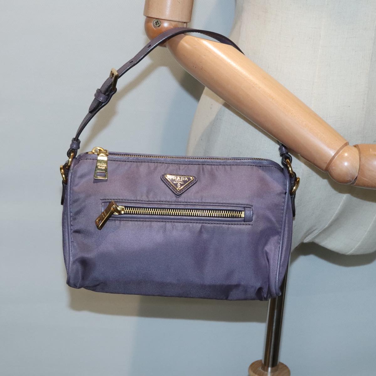 PRADA Hand Bag Nylon Leather Purple Gold Auth 90238