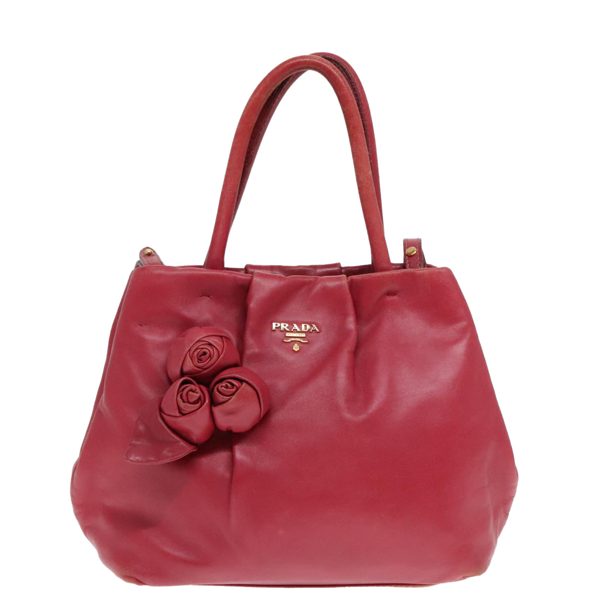 PRADA Hand Bag Leather 2way Red Gold Auth 90241