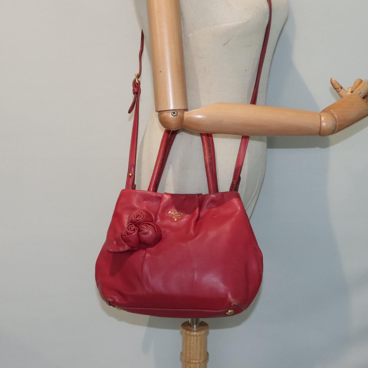 PRADA Hand Bag Leather 2way Red Gold Auth 90241