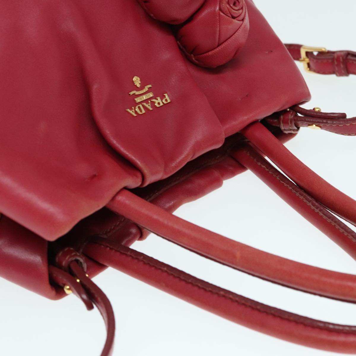 PRADA Hand Bag Leather 2way Red Gold Auth 90241