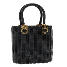 Salvatore Ferragamo Gancini Hand Bag Wicker Black Gold Auth 90245AM