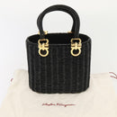 Salvatore Ferragamo Gancini Handtas Wicker Zwart Goud Auth 90245AM-12
