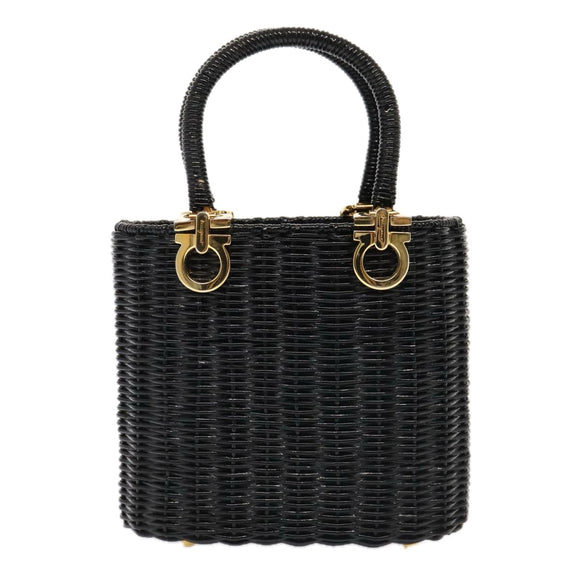 Salvatore Ferragamo Gancini Hand Bag Wicker Black Gold Auth 90245AM