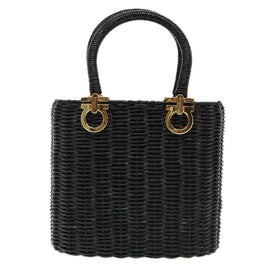 Salvatore Ferragamo Gancini Hand Bag Wicker Black Gold Auth 90245AM - 0