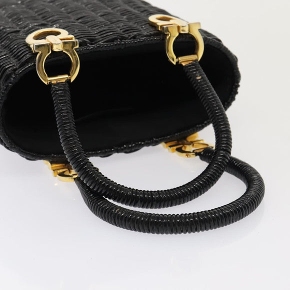 Salvatore Ferragamo Gancini Handtas Wicker Zwart Goud Auth 90245AM