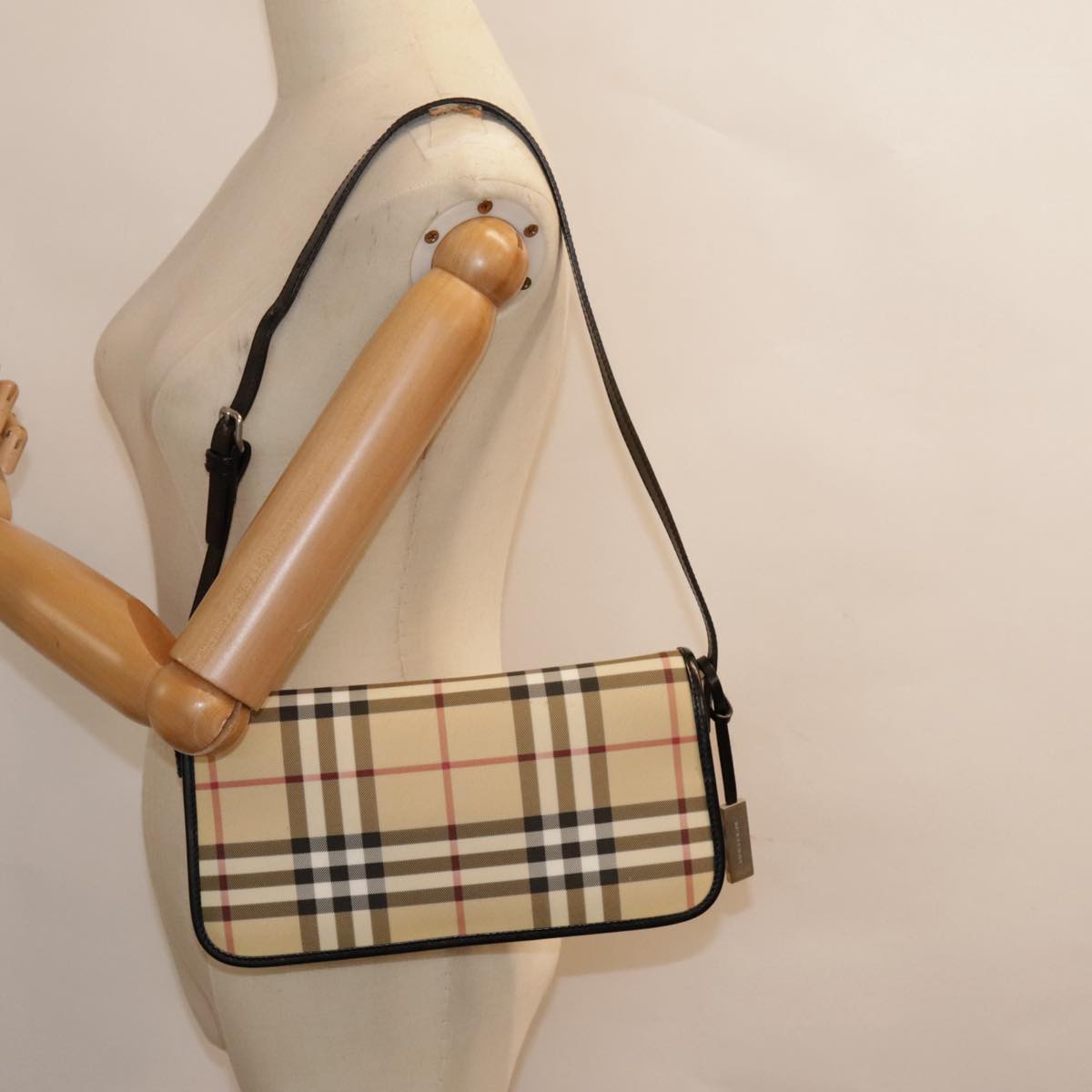 BURBERRY Nova Check Shoulder Bag PVC Beige Silver Auth 90262