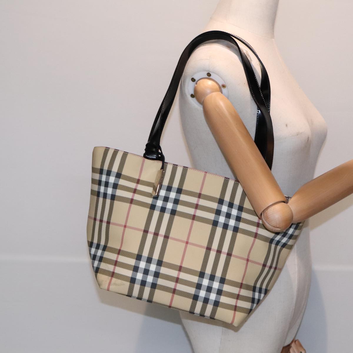 BURBERRY Nova Check Hand Bag PVC Beige Silver Auth 90263