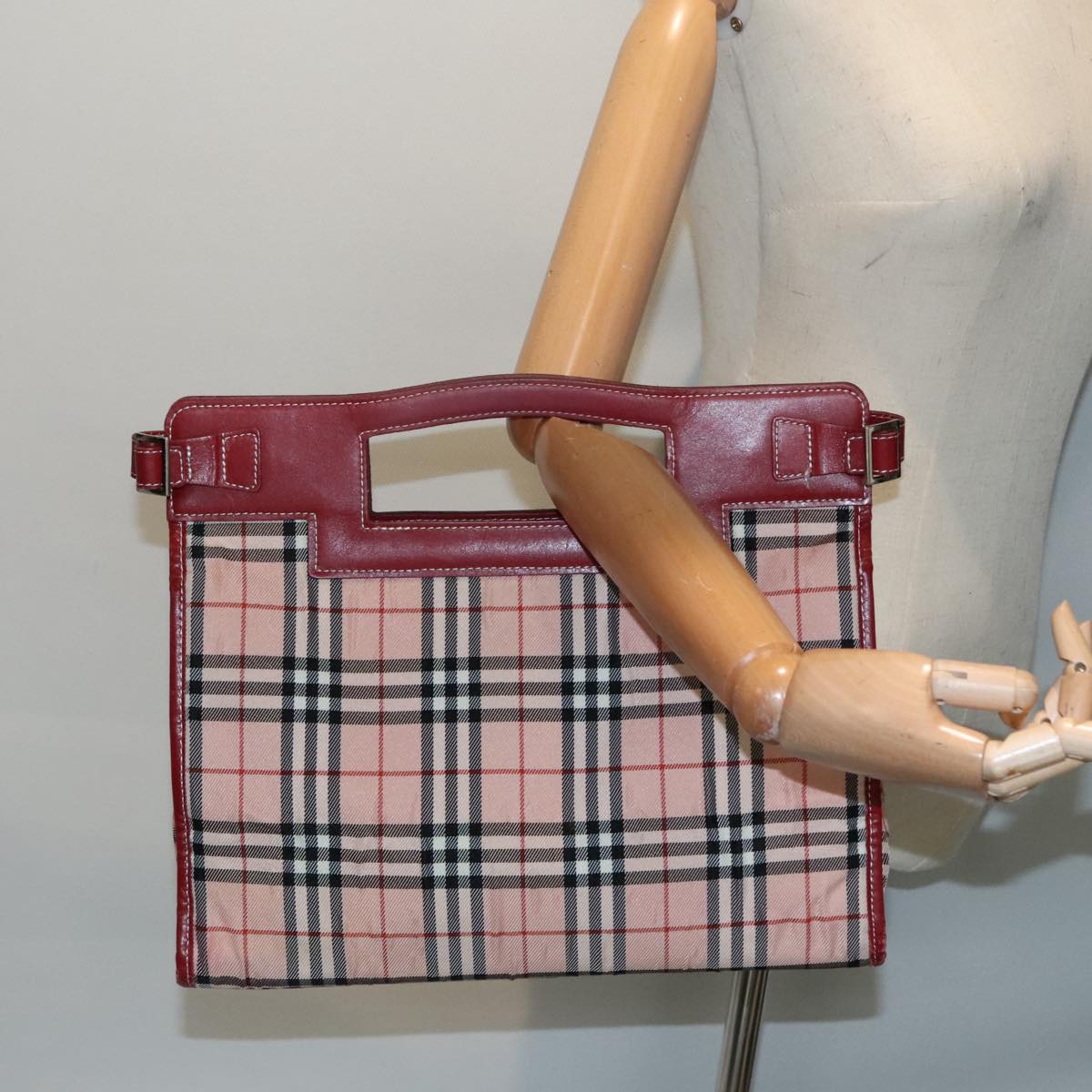 BURBERRY Nova Check Blue Label Hand Bag Nylon Leather Red Pink Silver Auth 90265