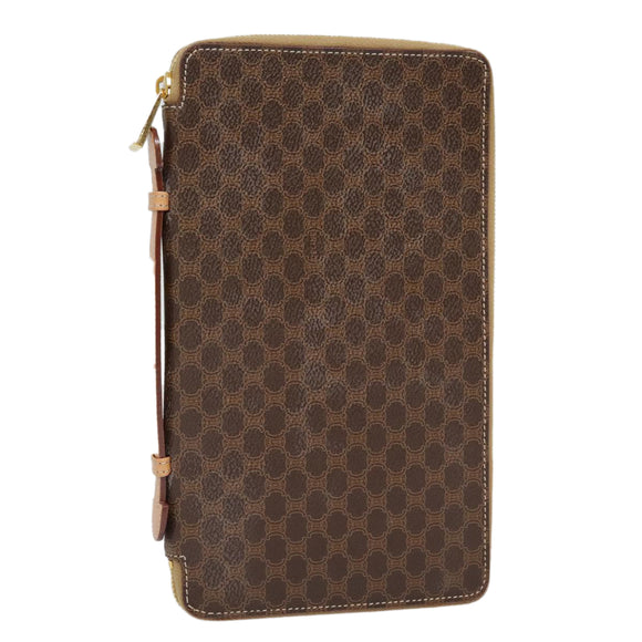 CELINE Clutch Tasche Macadam Canvas PVC Leder Braun Gold Auth 90268
