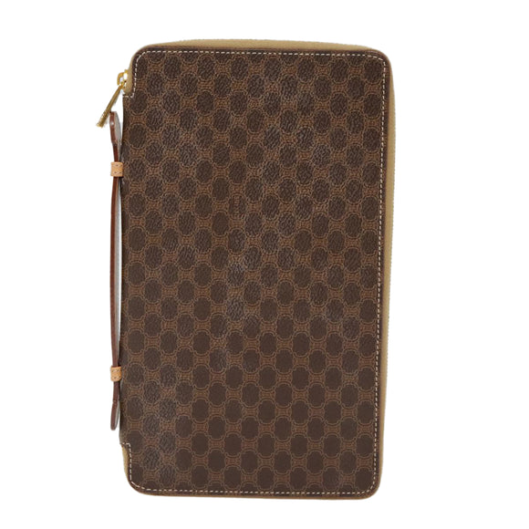 CELINE Clutch Tasche Macadam Canvas PVC Leder Braun Gold Auth 90268