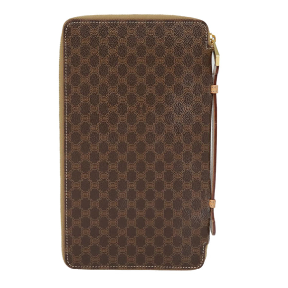 CELINE Clutch Tasche Macadam Canvas PVC Leder Braun Gold Auth 90268