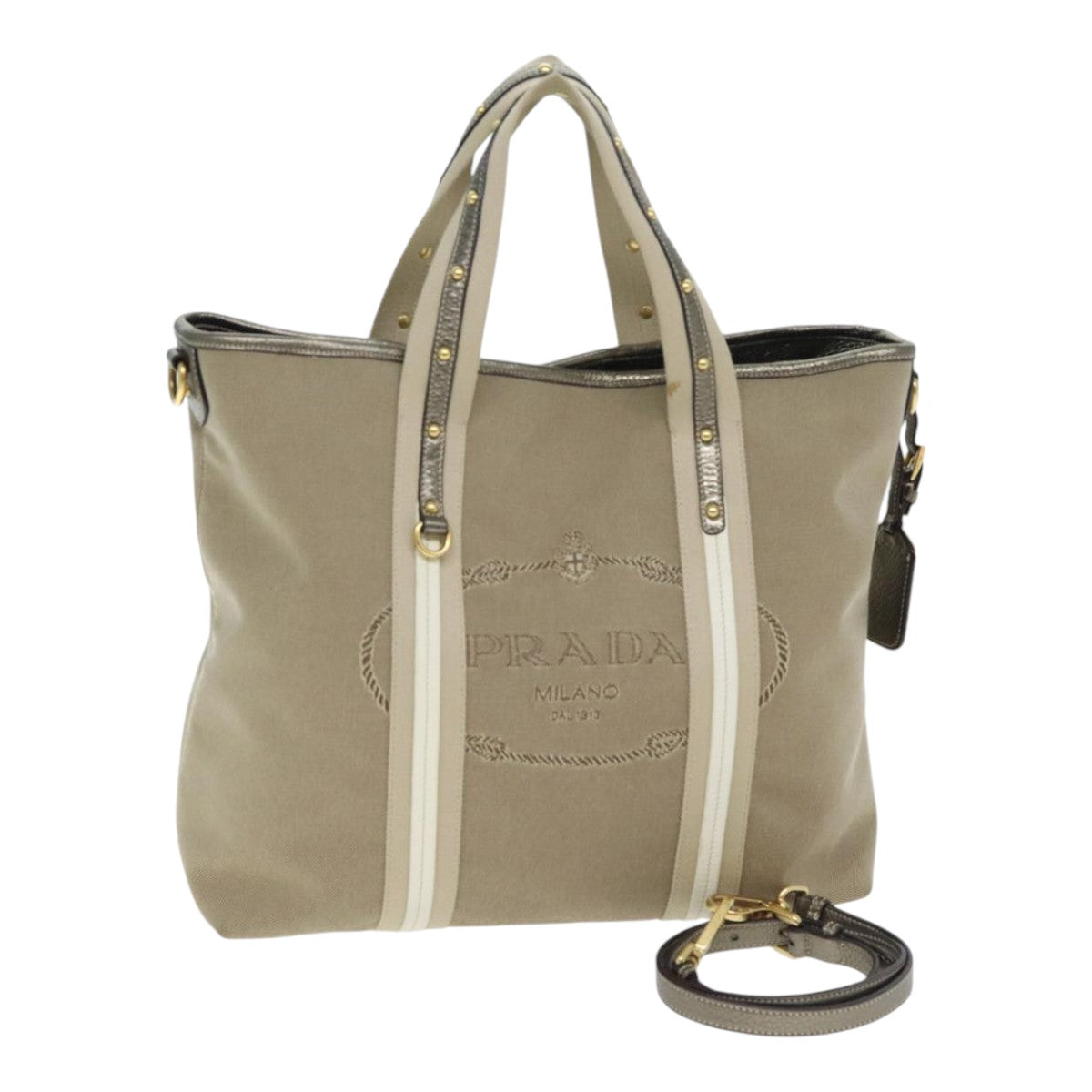 PRADA Hand Bag Canvas 2way Beige Gold Auth 90273