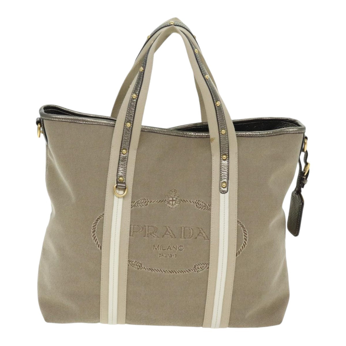 PRADA Hand Bag Canvas 2way Beige Gold Auth 90273