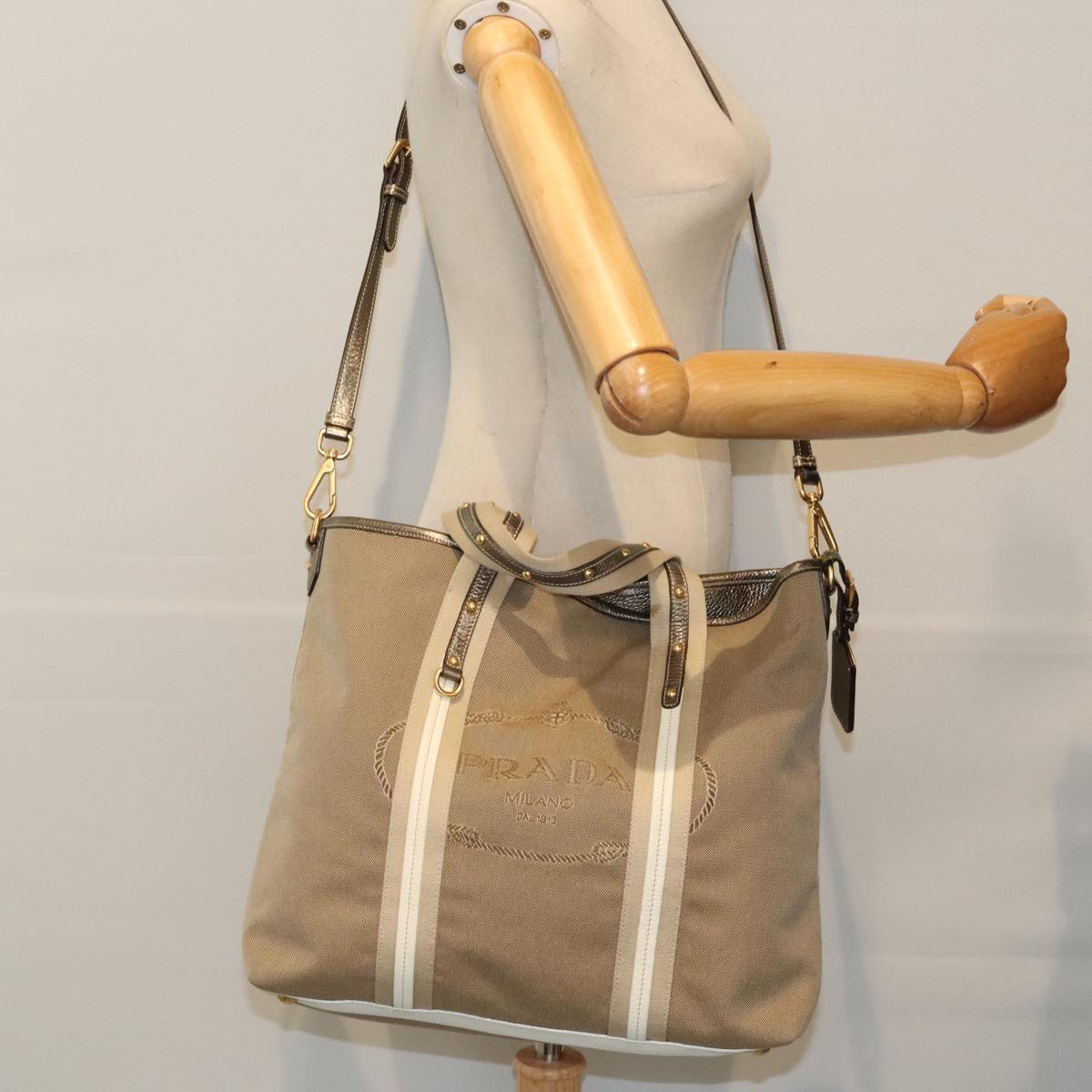 PRADA Hand Bag Canvas 2way Beige Gold Auth 90273