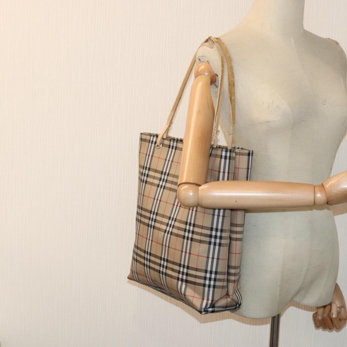 BURBERRY Nova Check Tote Bag Nylon Beige Auth 90284