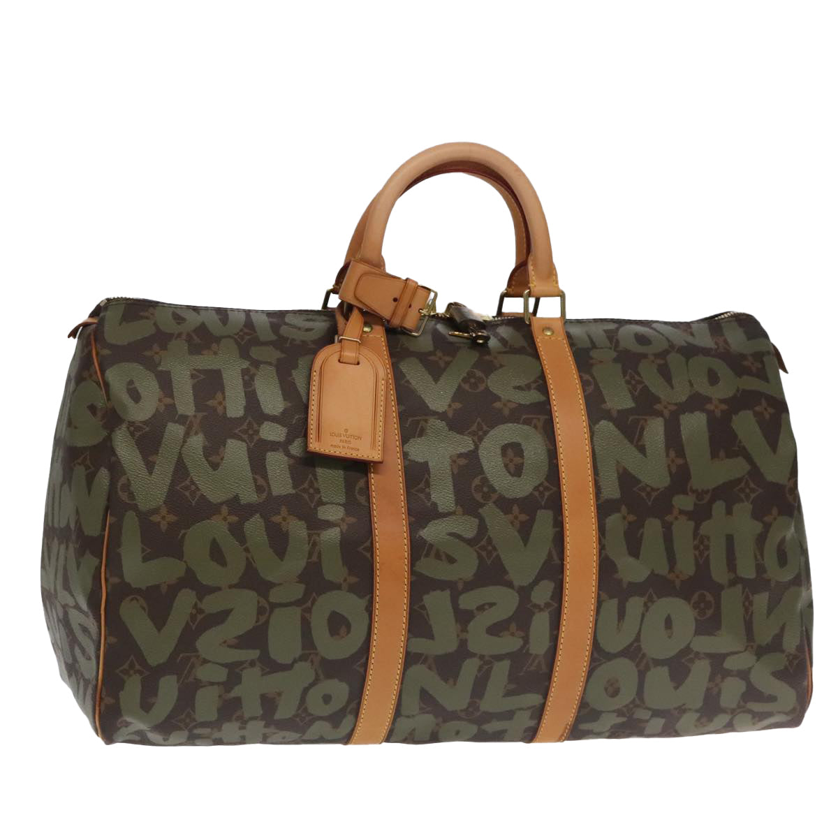 LOUIS VUITTON Monogram Graffiti Keepall 50 Boston Bag Khaki M92196 Auth 90286A