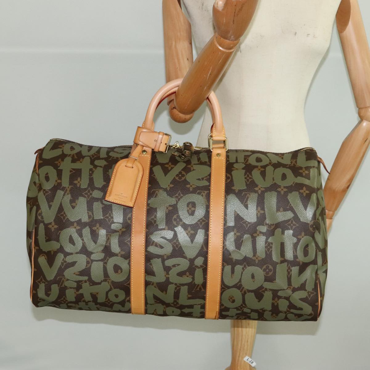 LOUIS VUITTON Monogram Graffiti Keepall 50 Boston Bag Khaki M92196 Auth 90286A