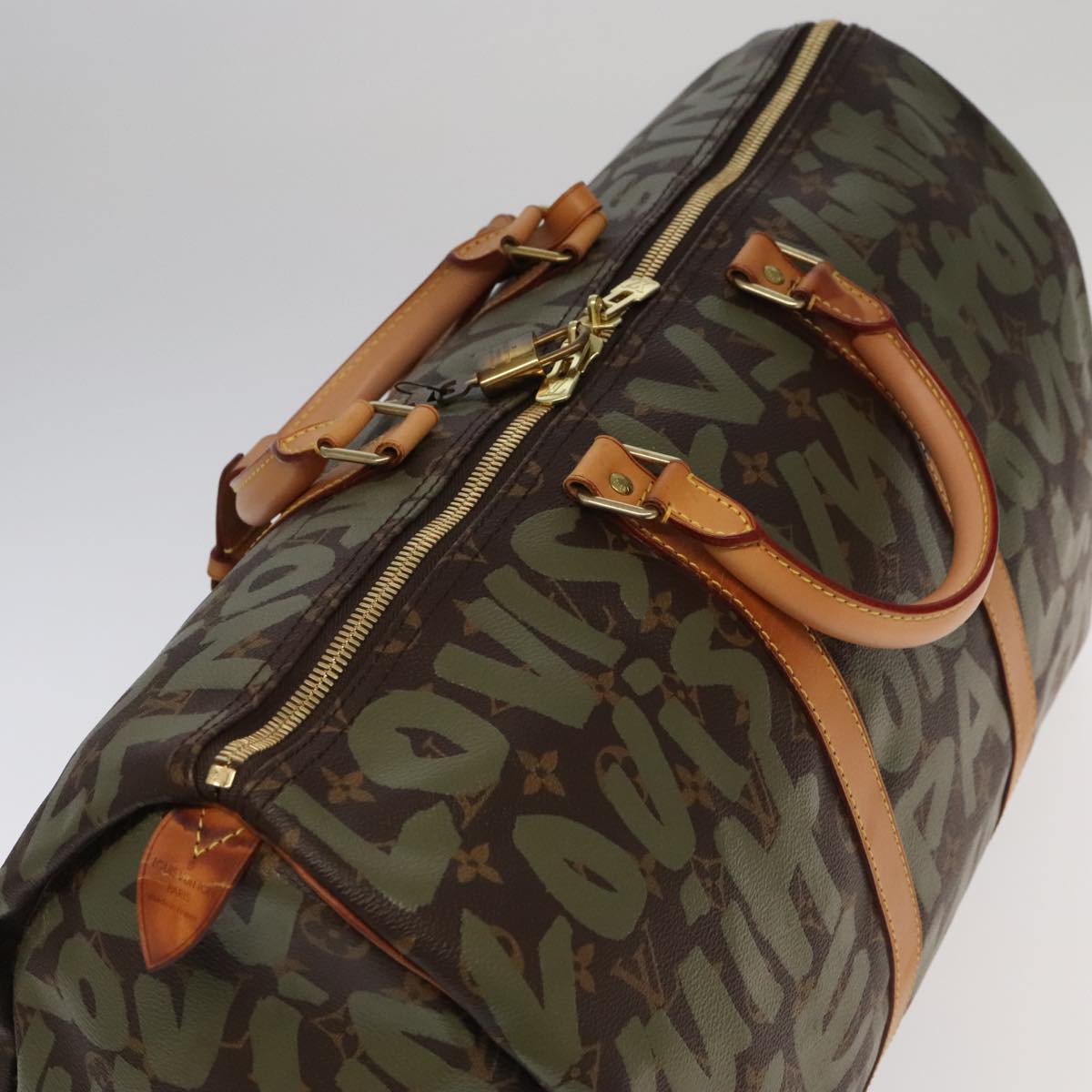 LOUIS VUITTON Monogram Graffiti Keepall 50 Boston Bag Khaki M92196 Auth 90286A