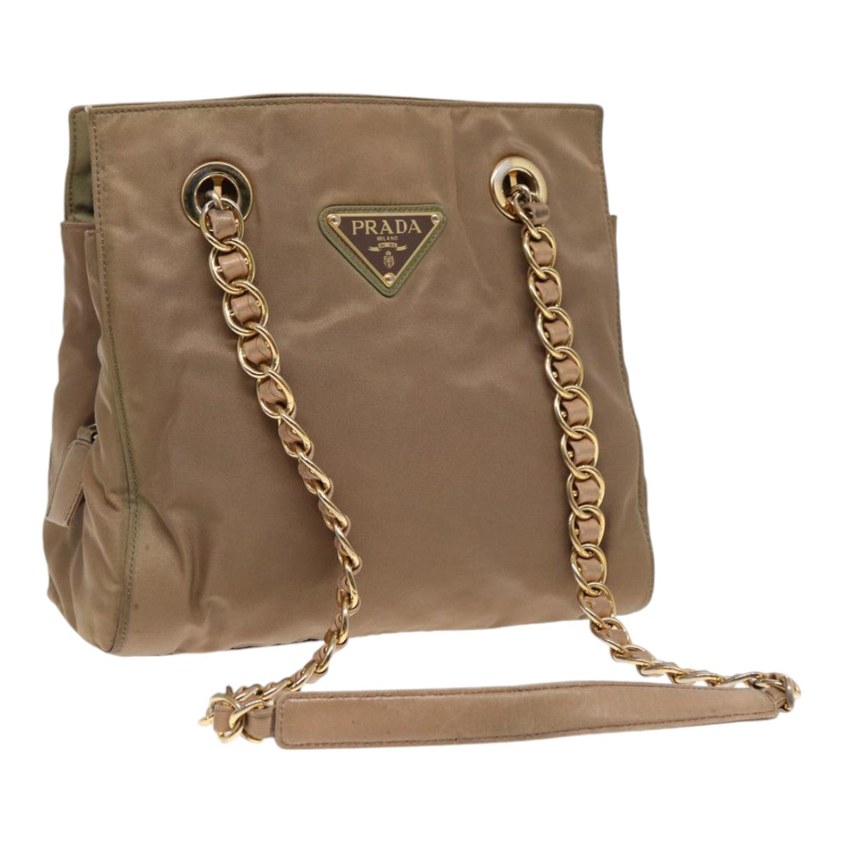 PRADA Chain Shoulder Bag Nylon Beige Gold Auth 90334