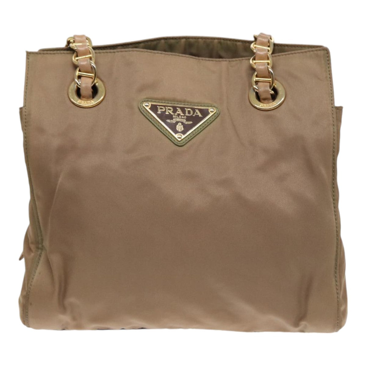 PRADA Chain Shoulder Bag Nylon Beige Gold Auth 90334