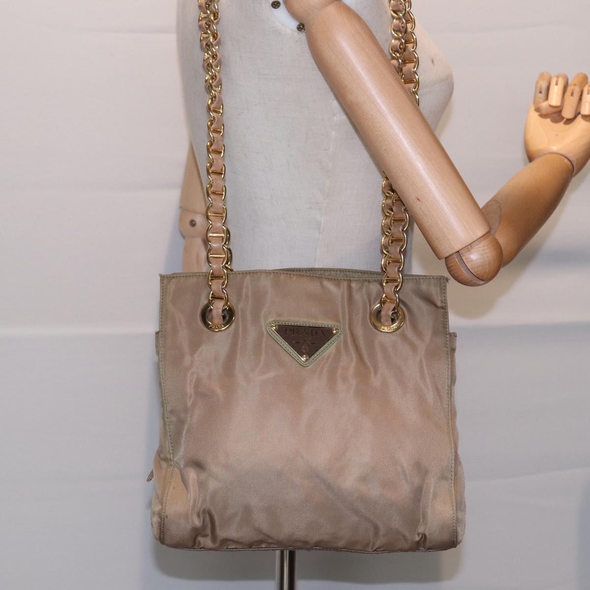 PRADA Chain Shoulder Bag Nylon Beige Gold Auth 90334