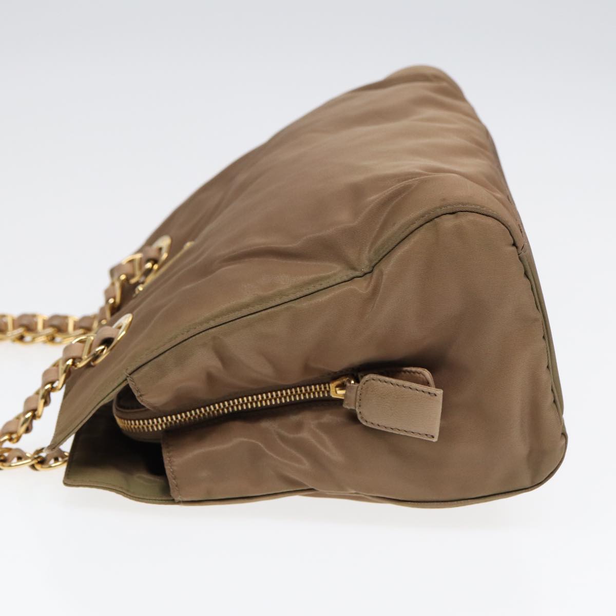 PRADA Chain Shoulder Bag Nylon Beige Gold Auth 90334