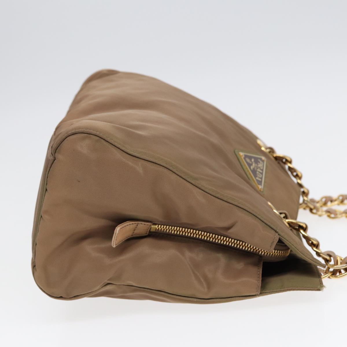 PRADA Chain Shoulder Bag Nylon Beige Gold Auth 90334