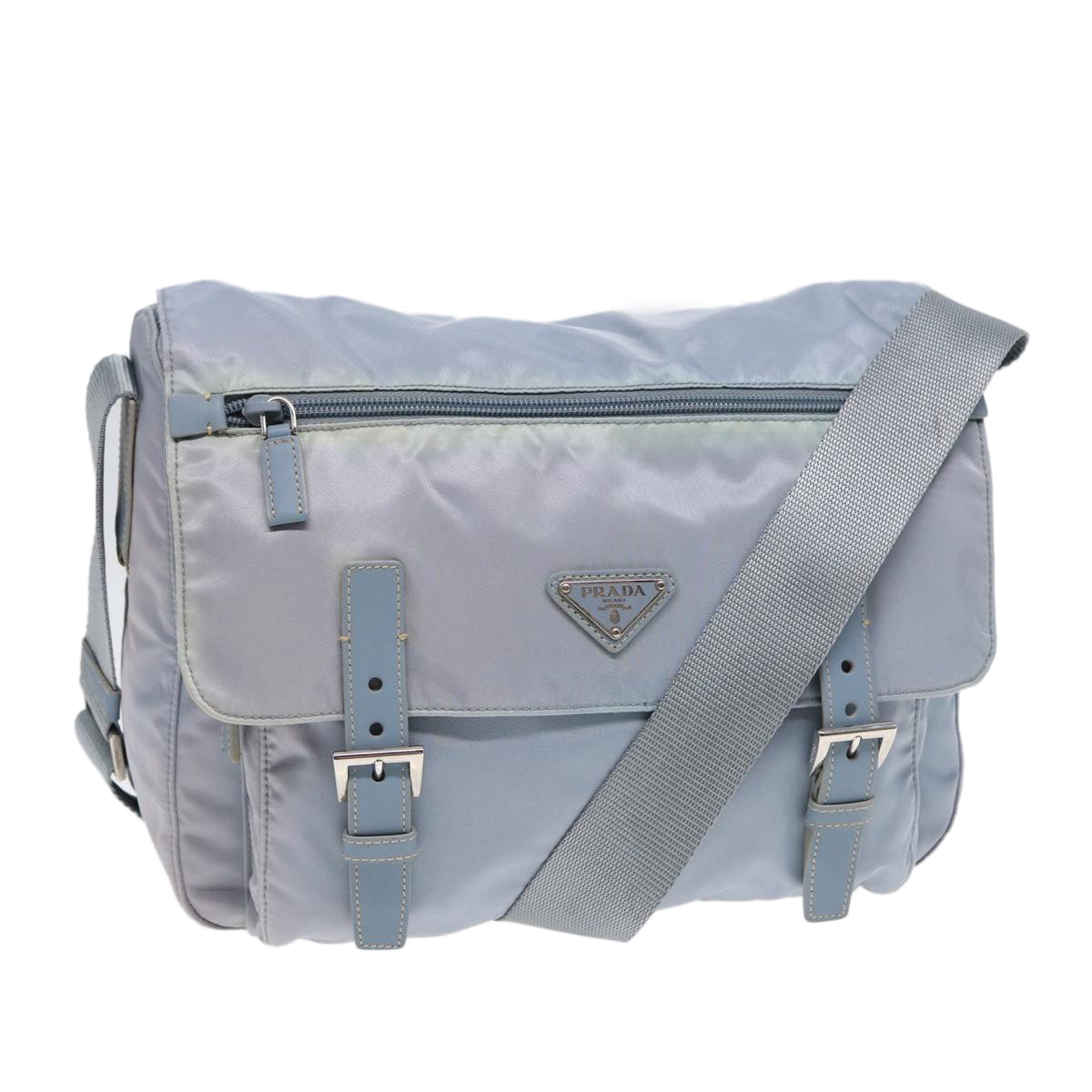 PRADA Shoulder Bag Nylon Light Blue Silver Auth 90337