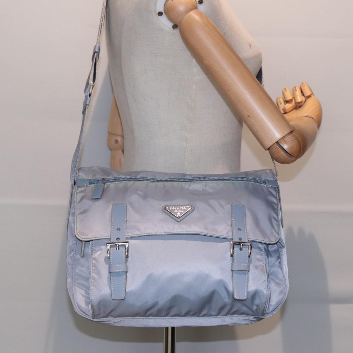 PRADA Shoulder Bag Nylon Light Blue Silver Auth 90337