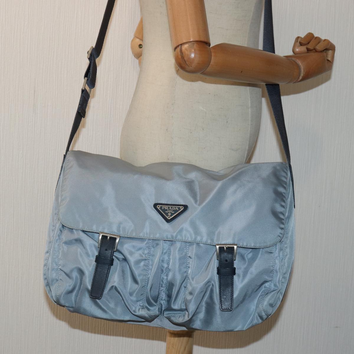 PRADA Shoulder Bag Nylon Light Blue Silver Auth 90338