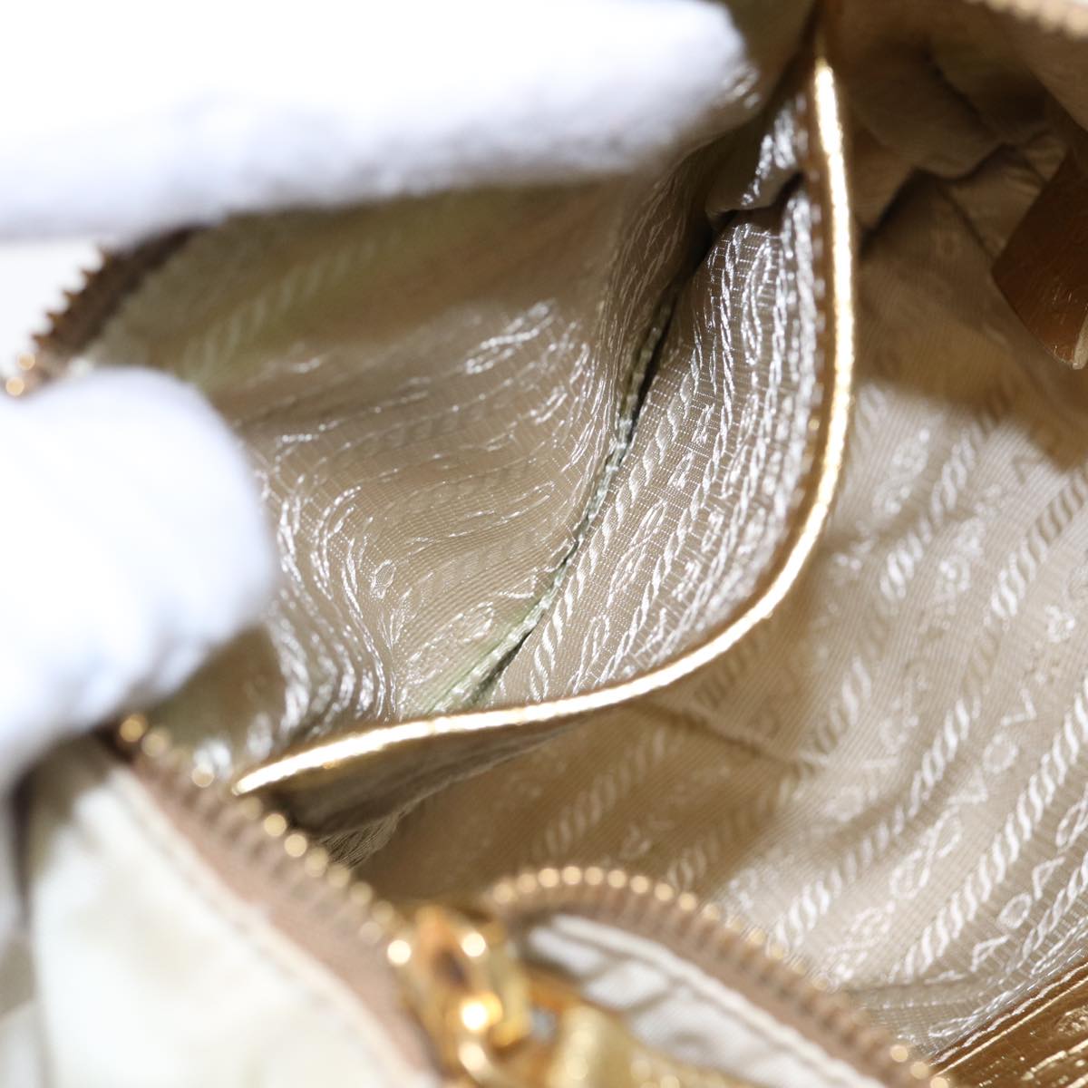 PRADA Hand Bag Nylon Cream Gold Auth 90344