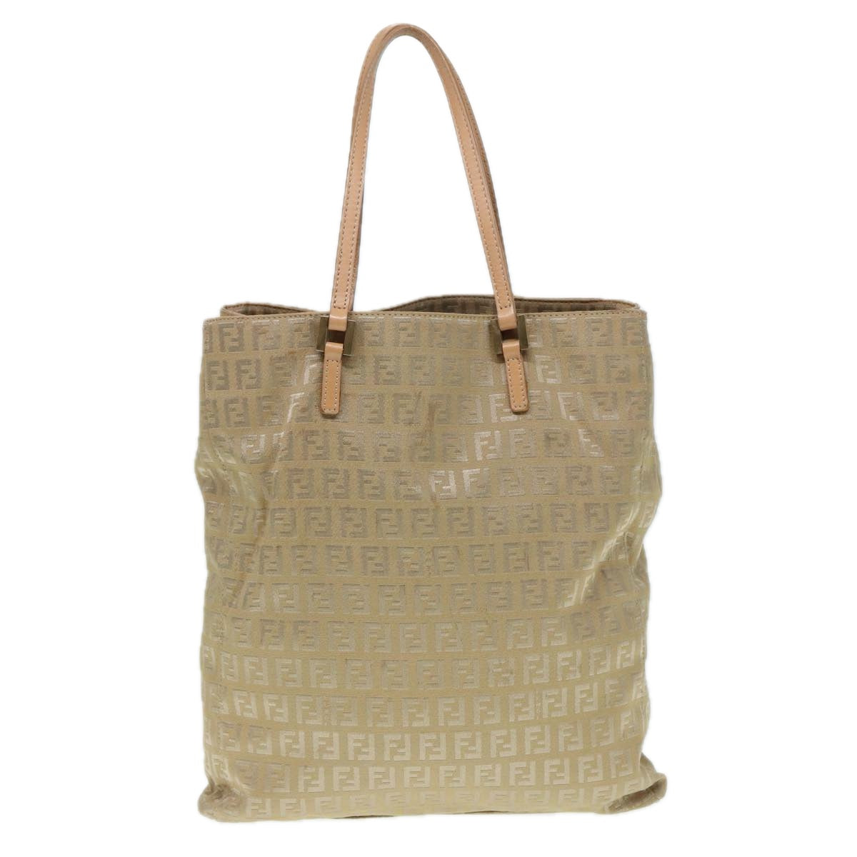 FENDI Zucchino Canvas Tote Bag Beige Gold Auth 90378